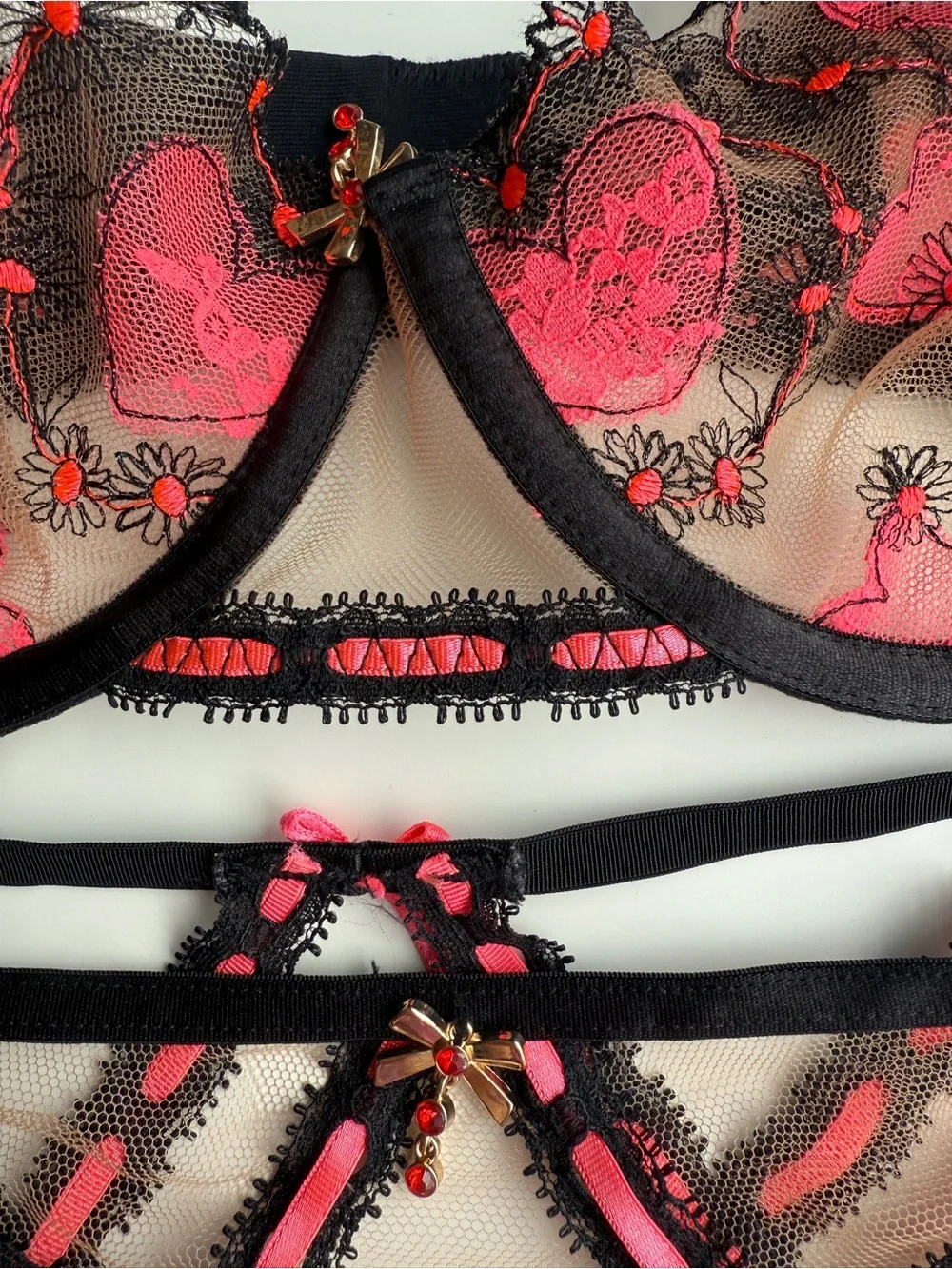Honey Birdette Set Pasha Pink Black bra 8f 30g sister cup size 32ddd panty S